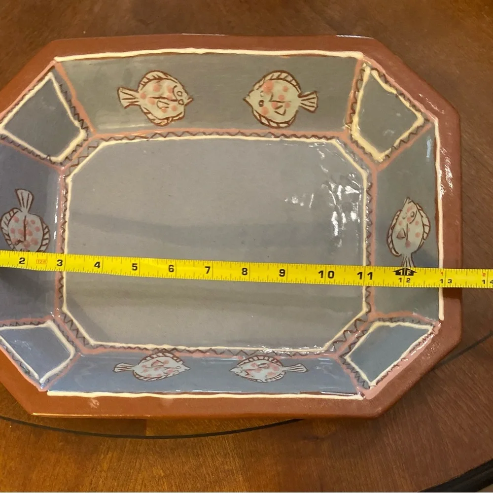 Pottery Bowl Rectangle French Blue Color with‎ Fish